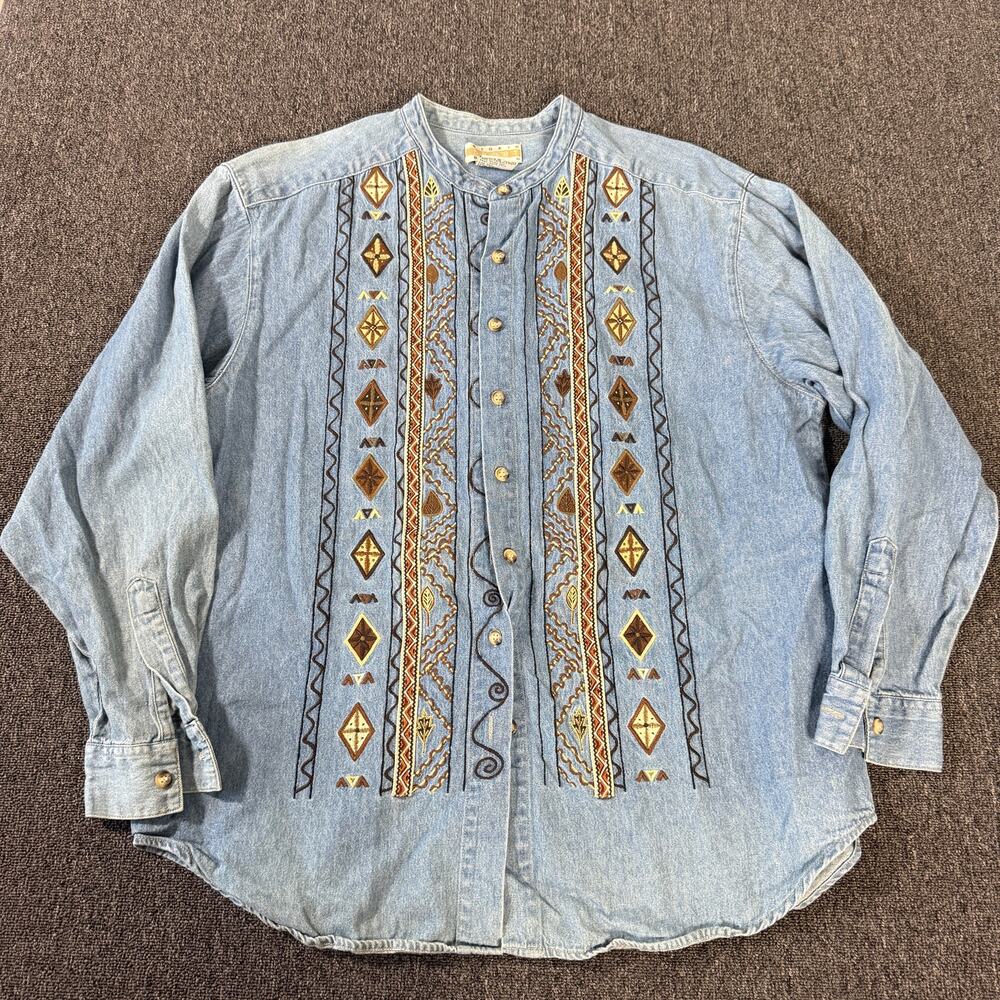 Vintage Y2k Embroidered Western Brown Denim Longsleeve Button up Women's Medium